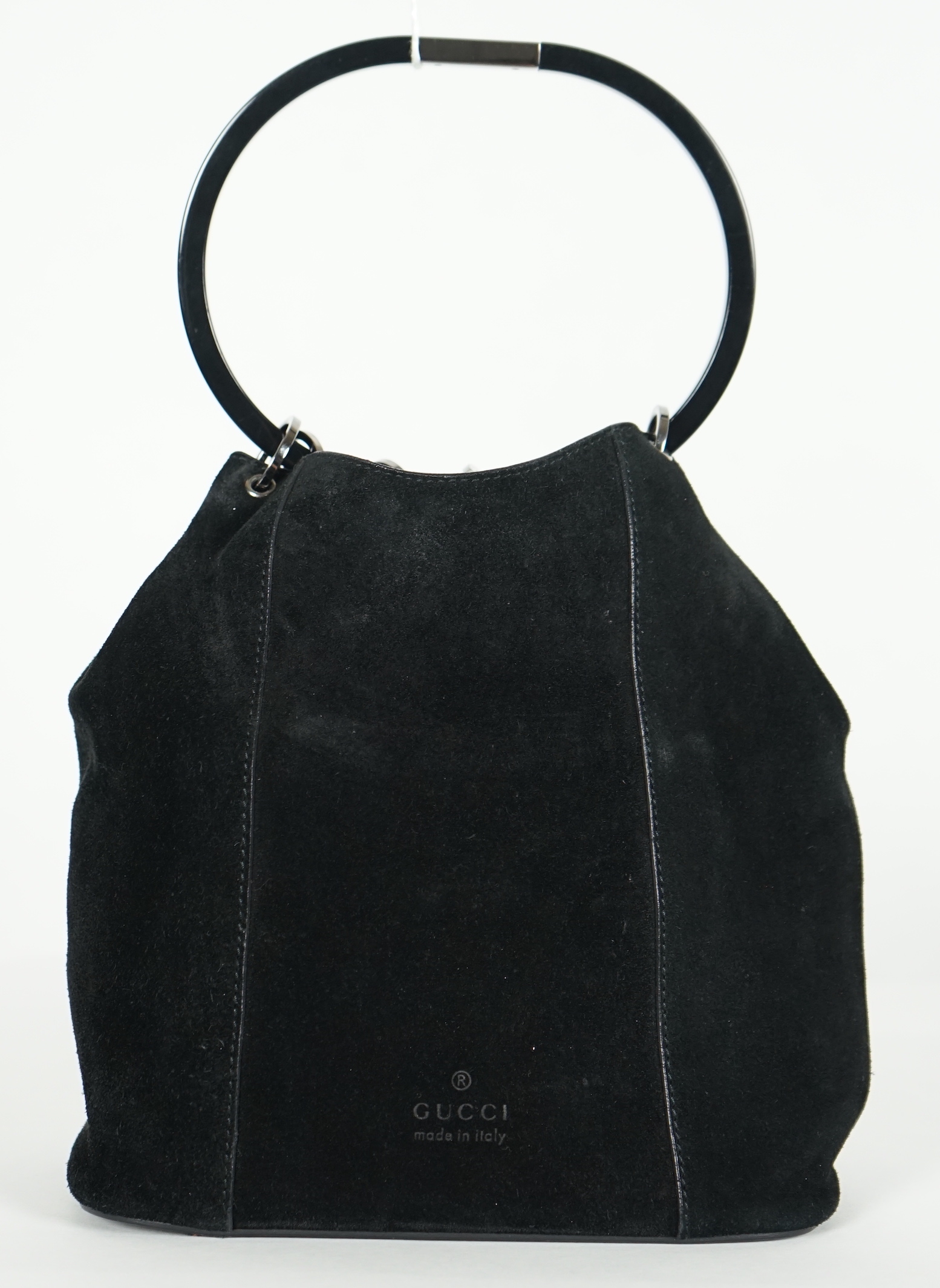 A vintage Gucci black Tom Ford era suede handbag, with dust bag, width 21cm, height overall 35cm, depth 11cm, Please note this lot attracts an additional import tax of 20% on the hammer price